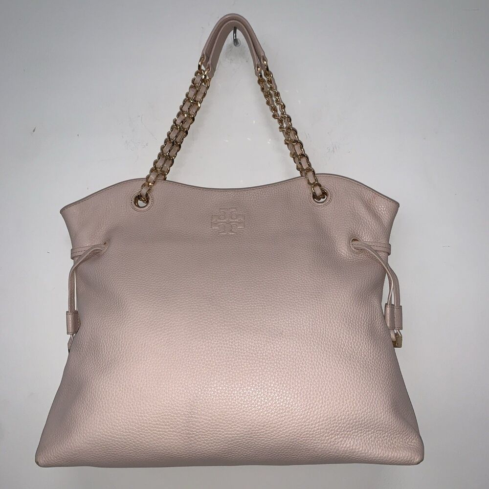 Tory Burch Blush Pink Pebble Leather Thea Slouchy Chain Tote Bag Approx 15x13x5